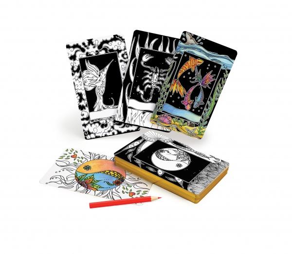 Four intuitive Tarot cards from the Intuitive Wisdom deck by Schiffer Publishing, Ltd.—three upright, one flat—feature mystical designs. Displayed alongside a wooden box, an illustrated earth card, and a red pencil on a white background.
