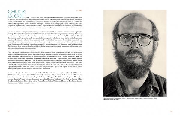 A magazine spread for "Bodies of Work—Contemporary Figurative Painting" by Schiffer Publishing, Ltd. shows a B&W portrait of a bearded man with glasses on the right, and text about Chuck Close’s influence on figurative art on the left, both on a white background.