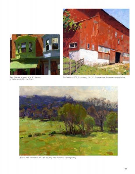 Three bold impressionistic paintings featured in "100 Artists of the Brandywine Valley" by Schiffer Publishing, Ltd. capture an ornate green house, a red barn, and a sunlit landscape—evoking Pennsylvania art and the Brandywine River Valley.