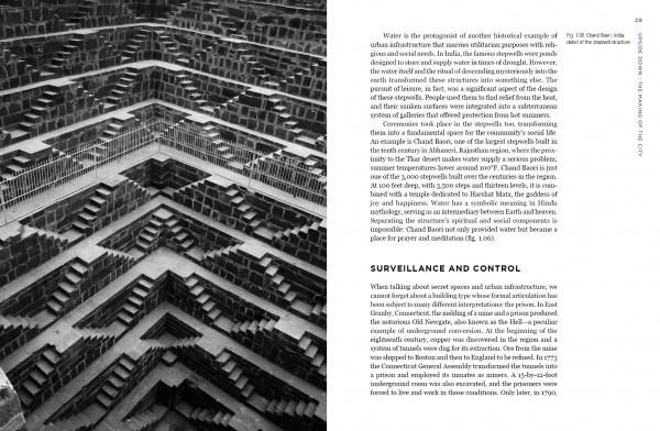 Notes from the Underworld" by Schiffer Publishing, Ltd. features a black-and-white photo of a vast geometric subterranean maze with fencing, accompanied by text exploring surveillance, control, and infrastructure.