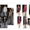 A collage from The SFP LookBook: Mercedes-Benz Fashion Week Fall 2013 Collections by Schiffer Publishing, Ltd. features textured, layered outfits in dark and light tones on the left and elegant red and metallic dresses on the right.