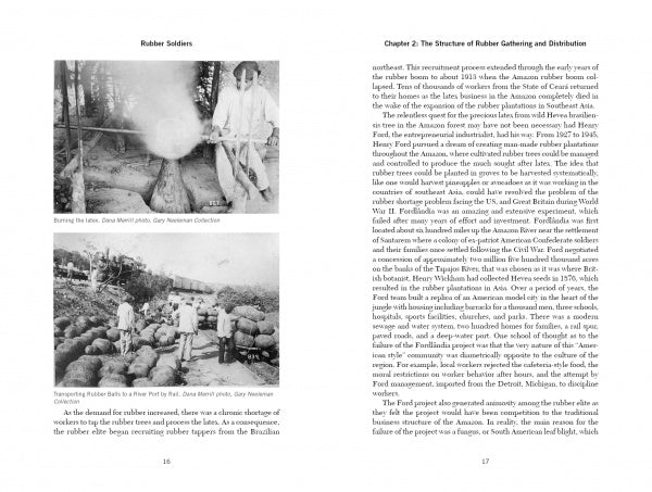 Two black-and-white photos on the left page of Schiffer Publishing, Ltd.'s "Rubber Soldiers" show Brazilian rubber tappers in a forest. The right page features the text "Chapter 2: The Structure of Rubber Gathering and Distribution.