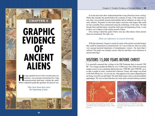 A spread from "Aliens Among Us" by Schiffer Publishing, Ltd. shows ancient artwork and carvings of human and non-human figures—possible alien evidence. The right page features text and cave paintings of humans and animals.