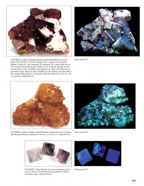 A page from Schiffer Publishing's "Collecting Fluorescent Minerals" displays six photos of fluorite in various colors and forms, including purple, amber, and blue clusters, some glowing under UV light—ideal for any mineral field guide.