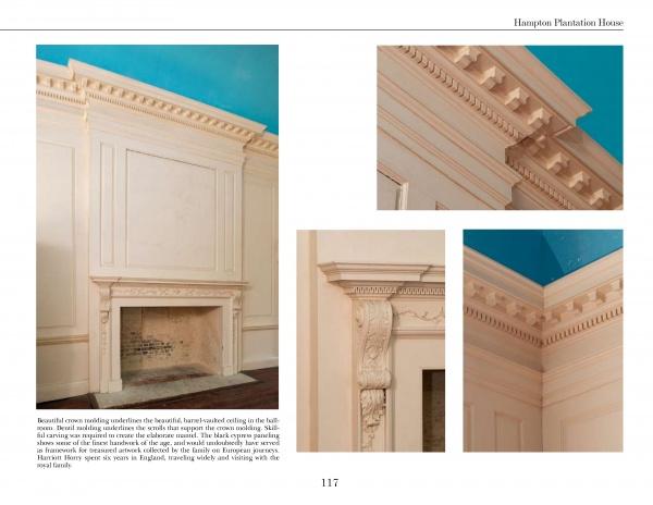 Three images showcase cream-colored molding and trim from a historic room featured in *Lowcountry Plantations* by Schiffer Publishing, Ltd., highlighting a grand fireplace, decorative cornices, and crown molding beneath a blue ceiling.