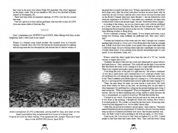 Two pages from Schiffer Publishing, Ltd.'s "UFOs Over America" feature a black-and-white photo of a rocky shore and cloudy sky, with captions about UFO sightings and alien abductions. A photo credit appears below the image.