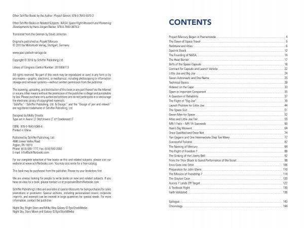 The left page of "Project Mercury" by Schiffer Publishing, Ltd. displays copyright details, while the right page features a blue-font table of contents with chapter titles and page numbers about NASA's Mercury program on white background.