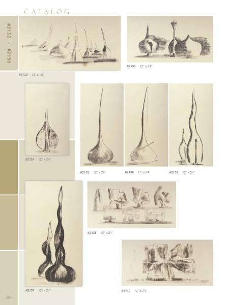 A catalog page for Schiffer Publishing, Ltd.'s "Harry Bertoia Monoprints" shows nine abstract, vase-like pencil sketches in a clean grid, each labeled with item number and size, capturing Bertoia’s signature organic style.