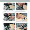 A step-by-step guide from "Festool*R Essentials: The Routers" by Schiffer Publishing, Ltd., showing hands adjusting a Festool router—close-ups of gauge locks, dials, and guide rail in a workshop with dust extraction system.