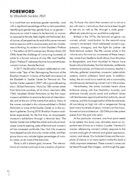 A magazine page titled FOREWORD by Elizabeth Sackler, PhD in Schiffer Publishing's "50 Contemporary Women Artists" features two columns of black text discussing gender neutrality and the history of feminist art.