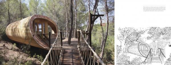 A wooden, oval treehouse by Blue Forest with a rope bridge nestles among tall pines. To the right, a black-and-white line drawing illustrates enchanting retreats from "Tree Houses Reimagined" by Schiffer Publishing, Ltd.