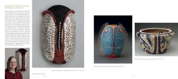 A book spread from "Inspired by Insects" by Schiffer Publishing, Ltd. features a white and red beaded mask, a portrait of Elizabeth Whyte Schulze, and two vibrant beaded art pieces on the opposite page.