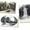 Three vintage Berkshires postcards from Schiffer Publishing, Ltd. feature a stone monument in various outdoor scenes—by a Mohawk Trail bridge, in a grassy clearing, and in close-up with inscription—all framed by trees.