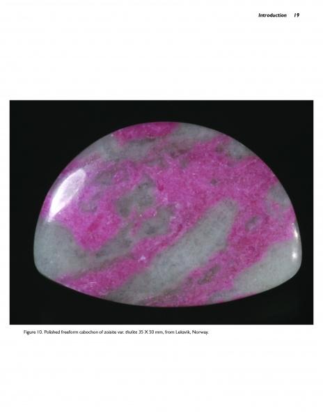 The "Collector's Guide to the Epidote Group" by Schiffer Publishing, Ltd. offers detailed information on epidote minerals, featuring images and descriptions of specimens with striking pink and white patterns against a solid black background.