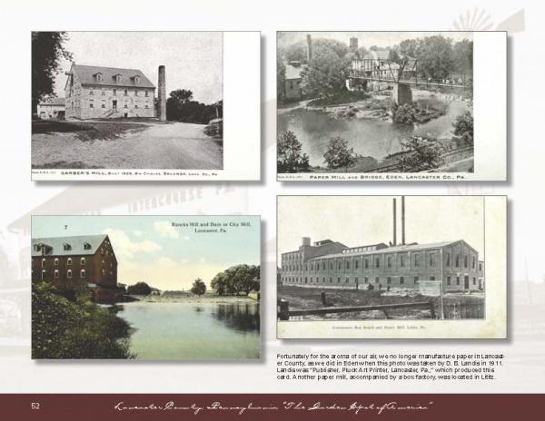 A collage of four vintage mill and factory photos by rivers in Lancaster County, PA, from the Schiffer Publishing, Ltd. “Lancaster County, Pennsylvania, Postcards” set. Brief captions and a central text highlight their historical significance.