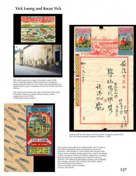 Page 127 of *Label Art of the Chinese World, 1890-1976* (Schiffer Publishing, Ltd.) displays a collage of Yick Loong and Kwan Yick historical images, including vintage packaging, label proofs, certificates, a building, and Chinese motif paper.