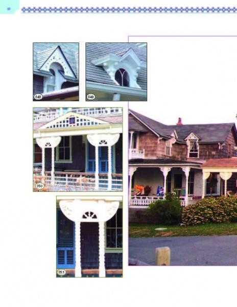 A collage from Schiffer Publishing, Ltd.'s "Painted Ladies: Balusters & Columns," showcasing Victorian Oak Bluffs cottages with decorative gables, fan-shaped trim, ornate balusters and columns, plus a porch with white woodwork.