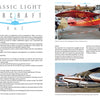 Classic Light Aircraft by Schiffer Publishing, Ltd. features a magazine spread with text and photos of a red and yellow high-wing plane in a hangar (top) and a white and brown taildragger parked outside (bottom right).