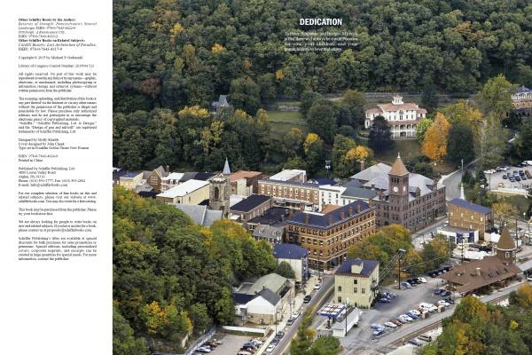 Aerial view of a small town in The Poconos, featuring historic buildings and autumn foliage amid dense green forest. Scenic photo highlights the landscape, with Schiffer Publishing, Ltd. text overlays in the top left and center.