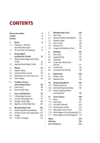 The table of contents from "Sharpening Woodworking Tools" by Schiffer Publishing, Ltd. lists chisels, gouges, knives, and tool sharpening techniques with page numbers in a clear two-column format.