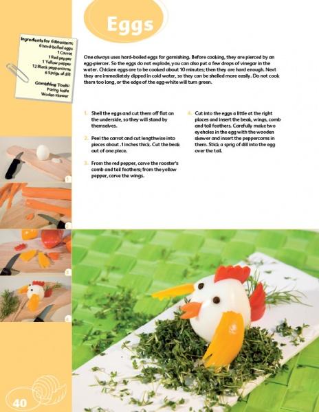 The book "Creative Ideas for Garnishing & Decorating" by Schiffer Publishing, Ltd. includes a step-by-step rooster garnish guide, made from egg, carrot, and pepper, with a finished image on herbs atop a white plate.