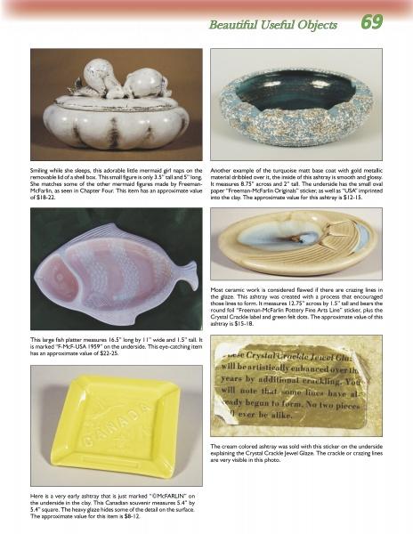 A catalog page features six images of vintage collectibles, highlighting Freeman-McFarlin Pottery from Schiffer Publishing, Ltd., including novelty dishes, a fish-shaped plate, a yellow rectangular dish, and a round base with brief descriptions and prices.