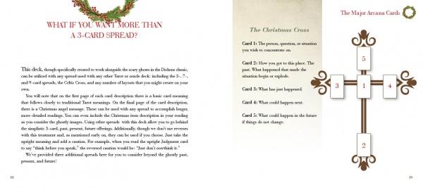 A book spread in A Christmas Tarot by Schiffer Publishing, Ltd. explains how to use more than three cards, featuring a diagram of the five-card Christmas Cross spread (cards 1-5) with festive holiday decorations.