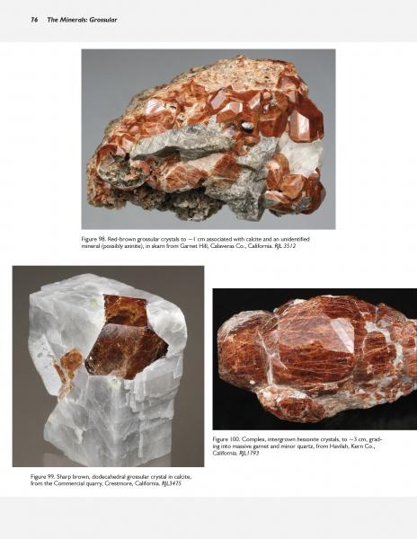 Three images from "Collector's Guide to the Garnet Group" by Schiffer Publishing, Ltd. showcase garnets: red-brown grossular in white matrix, a sharp brown crystal in calcite, and inter-grown brownish crystals in matrix—ideal for collectors.