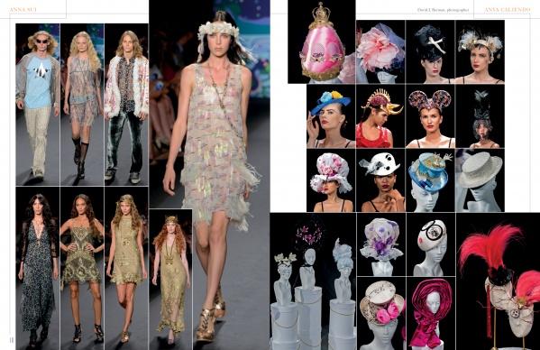 Models showcase ornate Spring 2014 runway looks. On the right, The SFP LookBook: Mercedes-Benz Fashion Week Spring 2014 Collections by Schiffer Publishing, Ltd. spotlights elaborate hats and headpieces on models or mannequins against a black background.