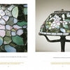 Close-up of the Tiffany By Design stained glass floral lampshade in pastels on the left; on the right, the full Schiffer Publishing, Ltd. lamp with a curved metal stand and the same classic Tiffany-inspired shade is displayed.