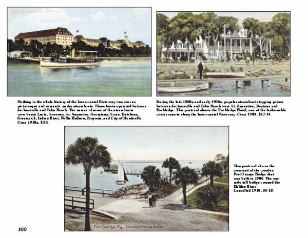 A collage of three vintage postcards from "Greetings from Daytona Beach" by Schiffer Publishing, Ltd., showcases historic Florida hotels and waterfronts with captions about Daytona Beach, the Buckley Hotel, Port Orange, and notes on Florida history.