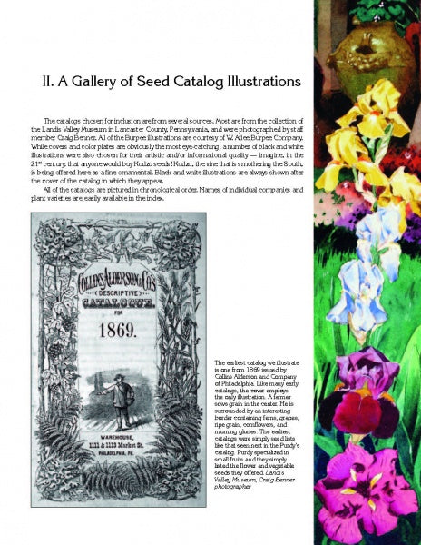 A page from Seed Art by Schiffer Publishing, Ltd. showcases a vintage 1869 seed catalog illustration on the left, vibrant flower images on the right, and descriptive text about historic seed catalog and artwork at the top.