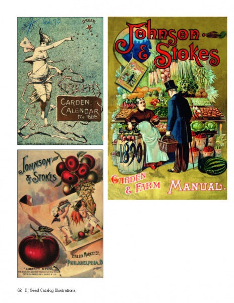 Seed Art by Schiffer Publishing, Ltd. showcases three vintage seed catalog covers with striking illustrations: a starry-toga-clad woman, a couple at a market stall, and vibrant art of tomatoes, flowers, and vegetables, all with decorative, colorful text.