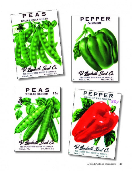 Seed Art by Schiffer Publishing, Ltd. displays four vintage seed packets with classic illustrations of green peas, green bell pepper, and red bell pepper, ornate variety names, and prices shown on two of the packets.