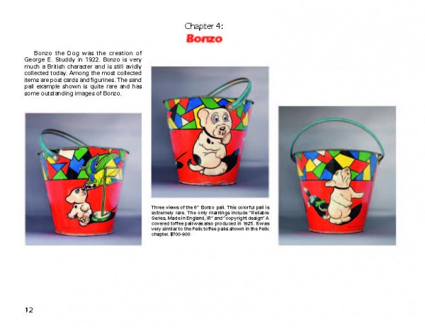 Three views of Comic Character Metal Sand Toys by Schiffer Publishing, Ltd., featuring Bonzo the dog in playful poses on a red geometric stained-glass background. Includes blue and green handle—a delightful vintage collectible beach pail.