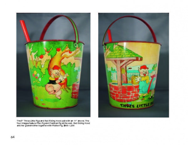 The Comic Character Metal Sand Toys by Schiffer Publishing, Ltd. includes two colorful metal pails with red handles and green rims, featuring illustrations of the Three Little Pigs and Red Riding Hood scenes.