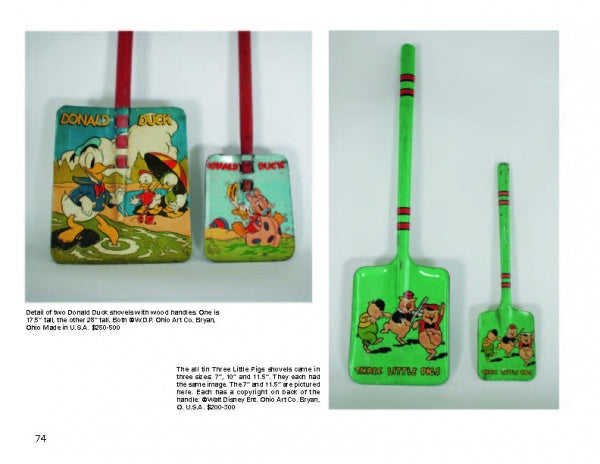 Comic Character Metal Sand Toys by Schiffer Publishing, Ltd.—two colorful vintage metal shovels with wooden handles: one tan with Donald Duck collectibles, the other green with Three Little Pigs, both featuring bright painted stripes.