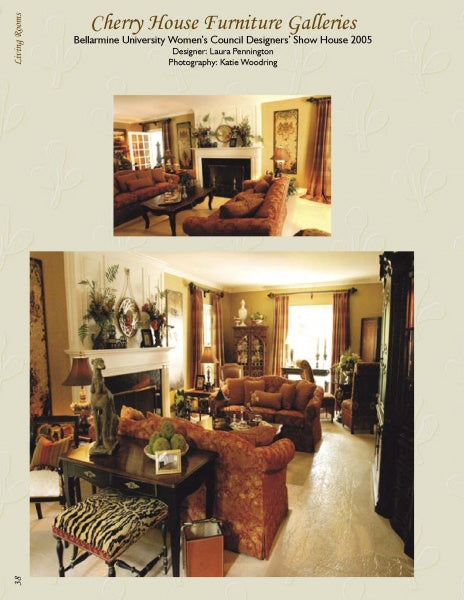 Two photos of an elegant living room with classic furniture and decor—styled like top decorator showhouses—featured in "Showhouse Review" by Schiffer Publishing, Ltd.