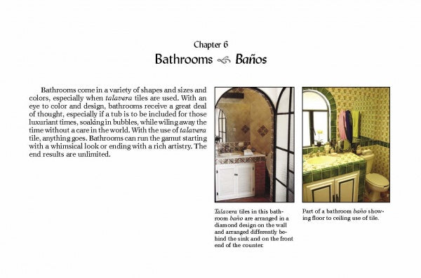 Chapter title Bathrooms / Baños, featuring Mexican-inspired styles. Left: tiled bath with arch window, plants, and towels. Right: San Miguel-inspired bath with green tiles and mirror. From San Miguel's Mexican Interiors by Schiffer Publishing, Ltd.
