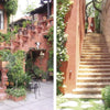 Side-by-side images from "San Miguel's Mexican Interiors" by Schiffer Publishing, Ltd.: left—Mexican architecture with red tiles, terracotta walls, and greenery; right—a simple stone staircase beside a rustic wall, evoking San Miguel.