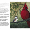 Chickadee & The Whale by Schiffer Publishing, Ltd.: Illustration of a small chickadee and a large red cardinal on a leafy branch, alongside a story page about their ocean conversation—ideal for wildlife education and young readers ages 5-8.