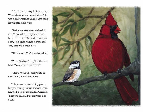 Chickadee & The Whale by Schiffer Publishing, Ltd.: Illustration of a small chickadee and a large red cardinal on a leafy branch, alongside a story page about their ocean conversation—ideal for wildlife education and young readers ages 5-8.