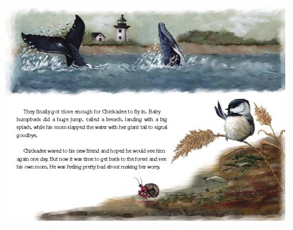 The cover of "Chickadee & The Whale" by Schiffer Publishing, Ltd. features two whale tails splashing near a lighthouse as a chickadee watches from shore—ideal for wildlife education or early readers ages 5–8. Text appears below the illustration.