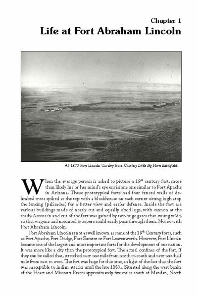 A black-and-white historical photo of the 19th century Fort Abraham Lincoln appears above the first page of a book chapter, with text describing George Armstrong Custer and the fort’s history. Product by Schiffer Publishing, Ltd.