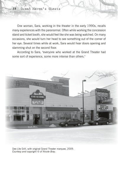 Black-and-white photo of the Dee-Lite Grill with its Grand Theater marquee. The empty street and vintage signs evoke the nostalgia captured in Schiffer Publishing, Ltd.'s Michigan's Haunted Nightlife, exploring haunted restaurants and nightlife.