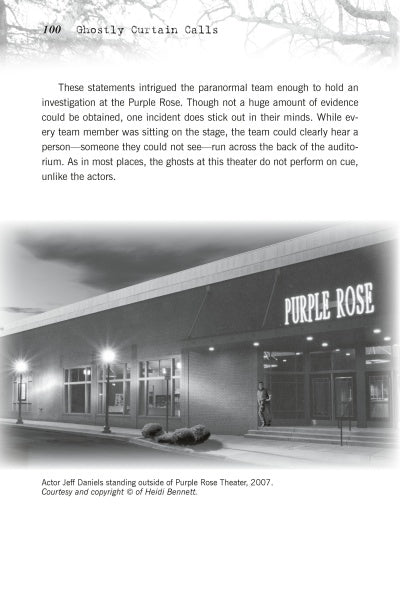 Outside the Purple Rose Theater at night, a man stands beneath a glowing sign. The scene echoes "Michigan's Haunted Nightlife" by Schiffer Publishing, Ltd., as the illuminated entrance displays the name PURPLE ROSE above.