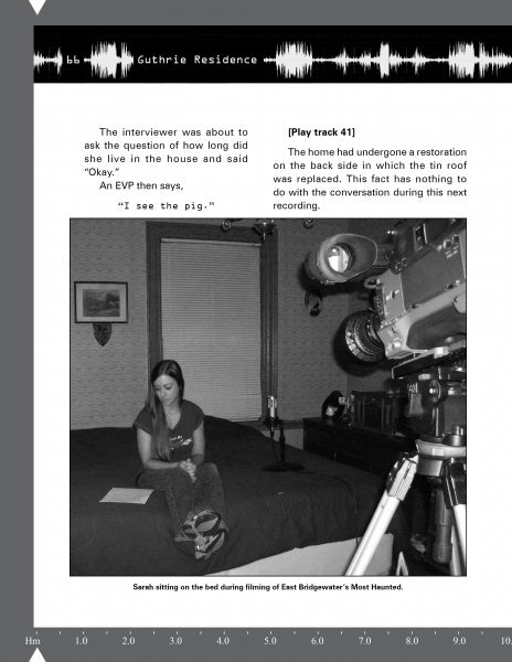 A woman sits on a bed with a notebook as a man films her in a dimly lit room. Text overlays describe an interview about "EVP: Electronic Voice Phenomenon" by Schiffer Publishing, Ltd., exploring ghost-related EVP in Massachusetts.