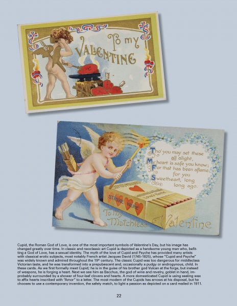 Two vintage Valentine postcards from "Holidays and Other Weird Events" by Schiffer Publishing, Ltd. feature cherubs—one with a heart, flowers, and arrows; the other with a “To my Valentine” matchbox—plus text on holiday history and Cupid.