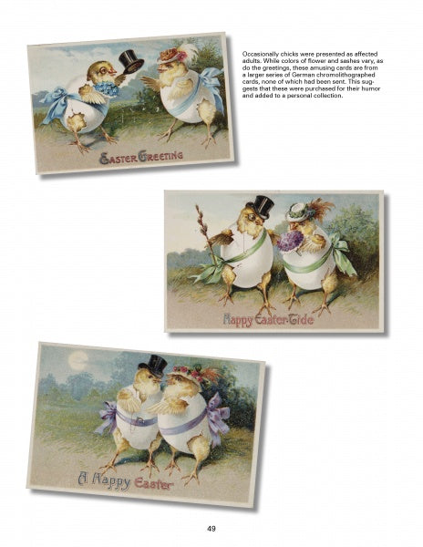 Three vintage postcard images from "Holidays and Other Weird Events" by Schiffer Publishing, Ltd. show Easter chicks in hats and bonnets, with flowers and greetings like "Easter Greeting" and "A Happy Easter," capturing charming holiday history.