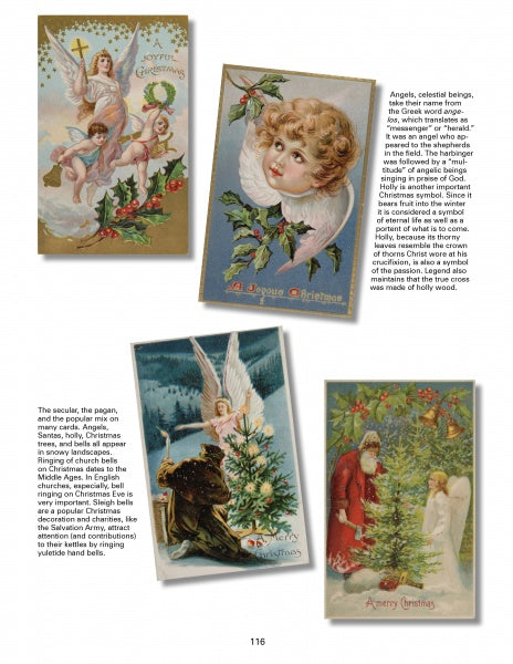 Explore vintage Christmas postcard images with angels, children, holly, and Santa on the "Holidays and Other Weird Events" page from Schiffer Publishing, Ltd., featuring insights on the history and symbolism of angels in holiday traditions.